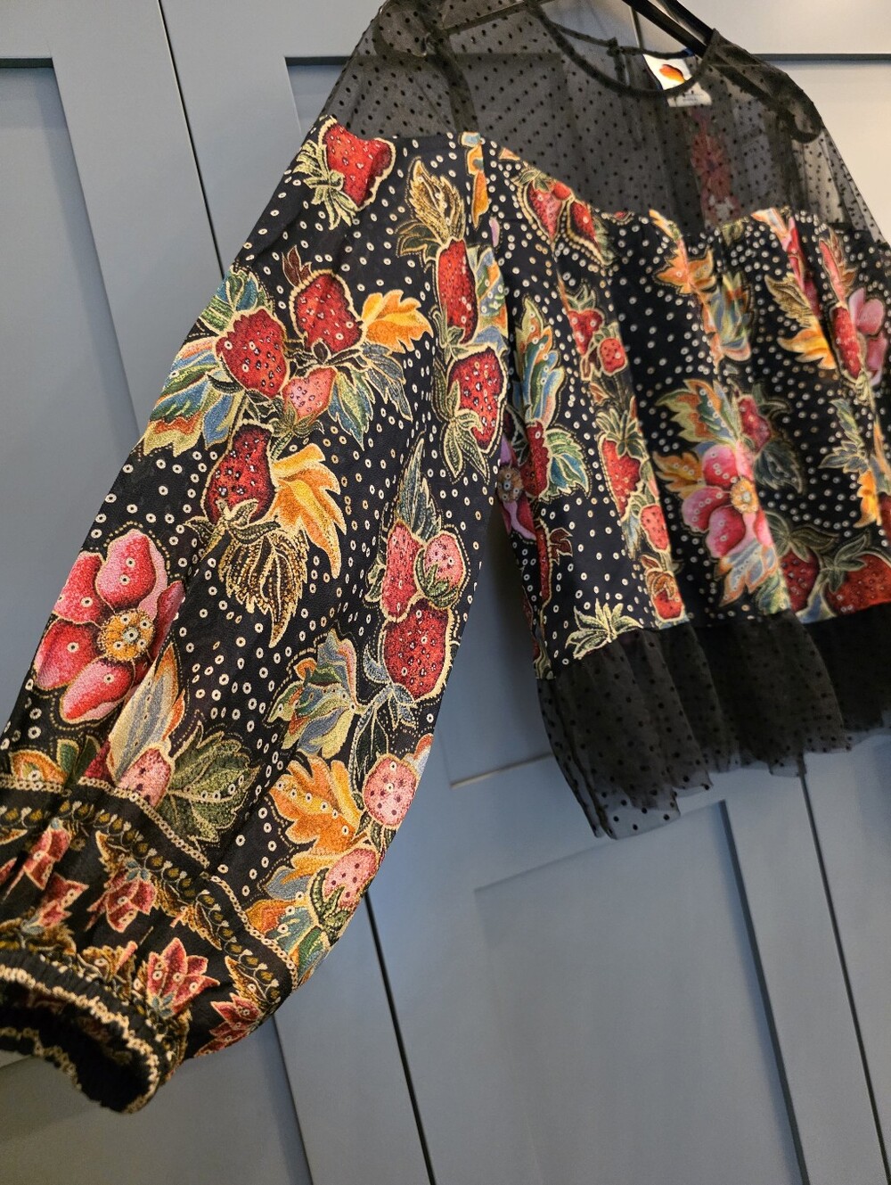 NWT Farm Rio x Anthropologie Sheer Mesh Polka Dot Floral Blouse Sz S Boho - Picture 5 of 11